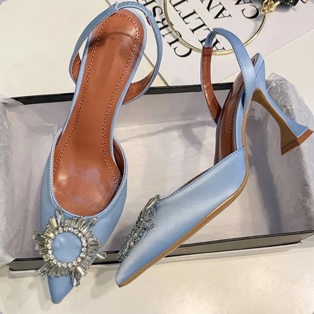 Blue Satin Embellished Slingback Pumps